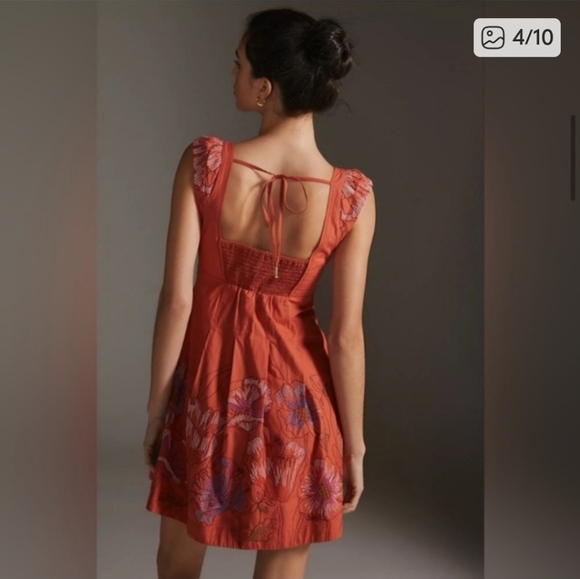 By Anthropologie Embroidered Mini Dress Orange Copper Size Medium Womens Summer - Picture 2 of 8